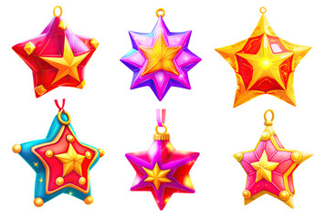 Wall Mural - Star Christmas decorations isolated on white background. Collection of star shaped Christmas baubles, 3D illustration