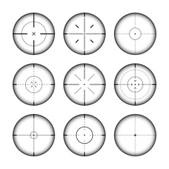 Various weapon sights, sniper rifle optical scopes. Hunting gun viewfinder with crosshair. Aim, shooting mark symbol. Military target sign, silhouette. Game interface UI element. Vector illustration