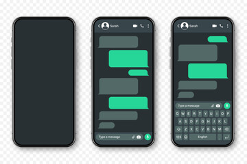 Realistic smartphone with messaging app. Blank SMS text frame. Conversation chat screen with green message bubbles. Social media application. Dark mode. Vector illustration