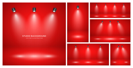 Sticker - Empty red studio abstract backgrounds with spotlights. Product showcase backdrop with spotlight effect. Stage lighting. Vector illustration