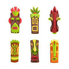 Sticker - Tribal Ethnic Wooden Masks with Ornamental Carvings Vector Set