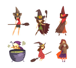 Wall Mural - Cute Little Witch in Pointed Hat Flying on Broomstick and Boiling Poison in Cauldron Vector Set