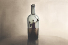 Illustration Of Man Imprisoned In A Bottle Of Alcohol, Surreal Addiction Abstract Concept