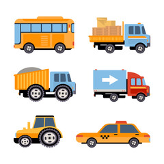 Poster - Bus, Lorry, Delivery Truck, Dump, Tractor and Taxi as Motor Vehicle and Urban Transport Vector Set