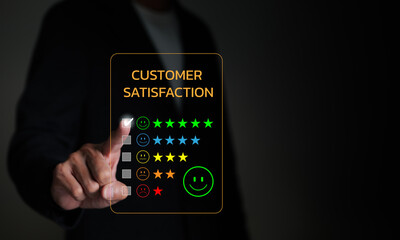 Wall Mural - User gives rating to service experience on virtual screen. quality review, best rating positive five star, marketing research, satisfaction user. Customer review satisfaction feedback survey concept.