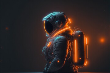 Wall Mural - Neon astronaut in space suit with glowing lights isolated on black background. Side view.