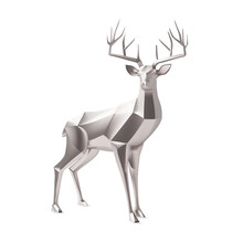 Vector Realistic Horned Deer Made Of Silver Polygons. Polygonal Reindeer, 3d Render. Digital Art. Platinum Reindeer For Christmas Design.