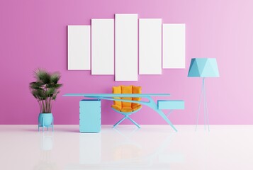 Poster - view of a modern office with an empty picture frame on a pink wall, background. modern office furnis