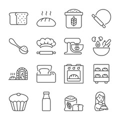 Wall Mural - Bake bread icons set. Bakery, linear icon collection. Bread and baking equipment. Cooking. Line with editable stroke