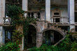 Old ruined abandoned mansion overgrown by ivy. Former Fesenkova manor, Georgia