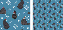 Seamless Cat Pattern, Winter Christmas Texture. Square Format, T-shirt, Poster, Packaging, Textile, Socks, Textile, Fabric, Decoration, Wrapping Paper. Trendy Hand-drawn Blue Persian Cat In Hats.