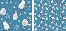 Seamless Cat Pattern, Winter Christmas Texture. Square Format, T-shirt, Poster, Packaging, Textile, Socks, Textile, Fabric, Decoration, Wrapping Paper. Trendy Hand-drawn White Persian Cat In Hats.