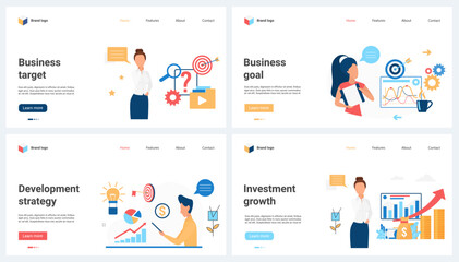 Poster - Business target, investment and development strategy set vector illustration. Cartoon tiny people invest money in success financial projects, analyze data charts and analysts services reports