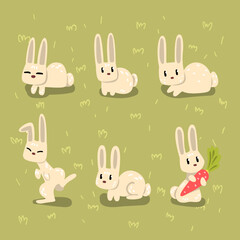 Wall Mural - Small White Bunny in Different Poses on Green Grass or Lawn Vector Set