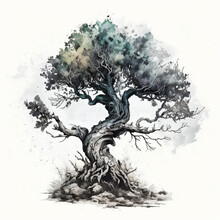 Gnarled Old Oak Tree, Watercolor Painting - Generative AI
