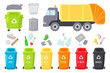 Garbage truck and trash cans flat icons set. Rubbish recycling. Paper, steel bottle plastic and glass waste litters