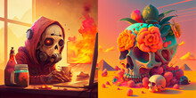 Skull Characters Design, Abstract Composition, Flowers And Floral Mexican Skull, Graffiti On The Wall, Collection
