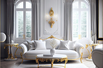 luxury gold and white living room interior with sofa