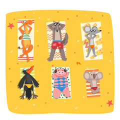 Sticker - Animals Sunbathing on Beach Lying on Blanket on Sand Top View Vector Set