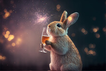 Happy New Year, 2023, Chinese New Year, Zodiac Sign, Lunar New Year, Year Of The Rabbit, Bunny Drinks Champagne To Celebrate The New Year, Blue, Gold, Space For Text, Isolated, Generative AI