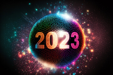 Happy New Year, 2023, Background Illustration, Disco, Party, Colorful, Neon, Isolated, New Years banner, Generative AI