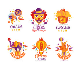 Wall Mural - Bright Circus Logo Design with Candy, Clown, Popcorn, Elephant and Seal Vector Set
