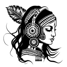Beautiful Indian Girl With Headphones. Design For Embroidery, Tattoo, T-shirt, Wood Carving, Cutting.