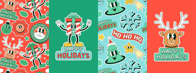 Wall Mural - Set of funny vintage christmas cartoon greeting card and pattern background. Retro sticker patch illustration collection for xmas party celebration. Festive holiday season graphic bundle.