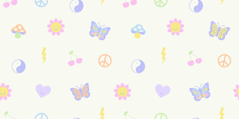 Wall Mural - Retro vintage seamless pattern illustration in trendy 90s art style. Soft pastel color y2k background print with cute sticker decoration. Includes butterfly, flower and love heart cartoon.