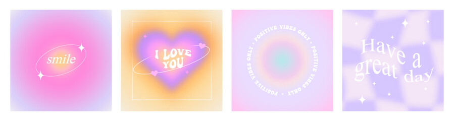set of trendy blur gradient illustration with positive happy quote and motivational love text. vinta