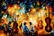 Sertanejo Music Perfomance Illustration, Musicians At The Night Street Impressionism Style Painting, Brasilian Band With Instruments Festival, Generative AI