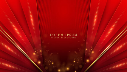 Wall Mural - Luxury red background with gold line, red line stripe, shiny dots effect and bokeh decoration. Elegant style design concept
