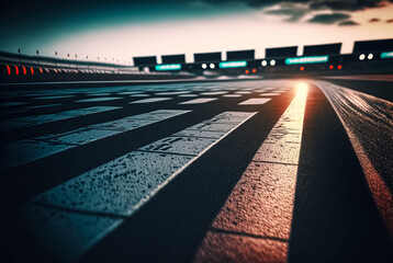 Wall Mural -  Asphalt of an international race track. Race Track Arena with Spotlights. Empty Racing track with grandstands, shooting in the middle of the racing track and starting point