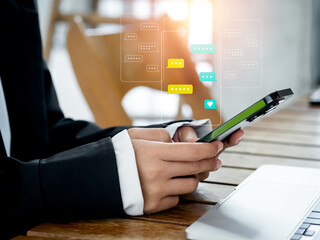 Aufkleber - Texting message bubble pop-ups appear on virtual screen on mobile smart phone in businesswoman's hands, typing, chatting conversation in social network app, business communication technology concepts.
