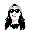 © Irkhamsterstock - portrait of a beautiful girl with long hair and wearing a backwards hat, glasses and headphones around her neck. happy laugh. vector design. silhouette. isolated white background.