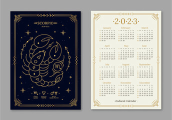 Wall Mural - Year 2023 calendar template with Scorpio golden zodiac symbol. Pocket size dark navy color calendar with Scorpion horoscope sign. Week starts on Sunday thin line vector illustration