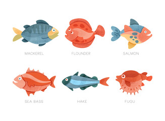 Wall Mural - Freshwater and Saltwater Fish as Seafood Depicted in Flat Style Vector Set