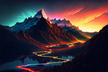 A Vibrant Landscape Featuring Neon-colored Mountains And A Starry Night Sky