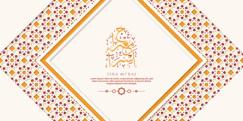 Isra Miraj Greeting Card with Calligraphy and Ornament Premium Vector