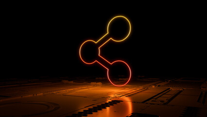 Orange and Yellow neon light share icon. Vibrant colored Network technology symbol, on a black background with high tech floor. 3D Render