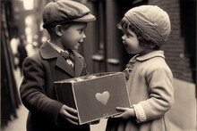 Vintage Photograph Of A Young Boy Giving A Young Girl A Box Of Chocolate With A Heart Shape On It For Valentine's Day. The Image Was Created With Generative AI And Appears To Be From The 1920 Era. 