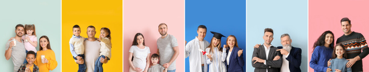 Poster - Collage of happy big families on color background