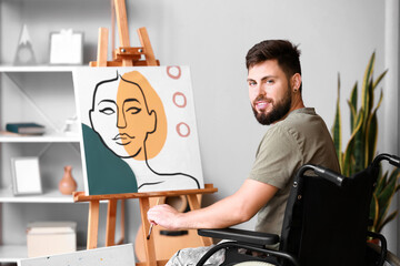 Canvas Print - Young soldier in wheelchair painting at home