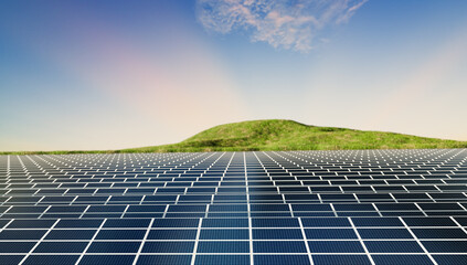 Sunset time with solar power farm, 3D illustration rendering 