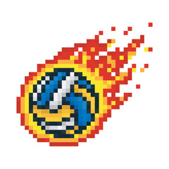 Wall Mural - Volleyball ball in fire, sport pixel art