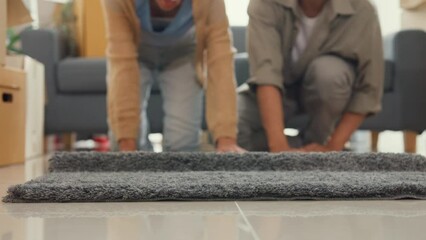 Wall Mural - Close-up carpet. Happy Asian couple rolling out gray carpet relaxing smiling take a rest after moving stuff on living room at new house. Husband wife move house, Apartment Rent And Ownership Concept.