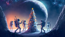 Cartoonish Astronauts In White Space Suits Around Decorated Christmas Tree On Surface Of The Moon, Neural Network Generated Art. Digitally Generated Image. Not Based On Any Actual Scene Or Pattern.