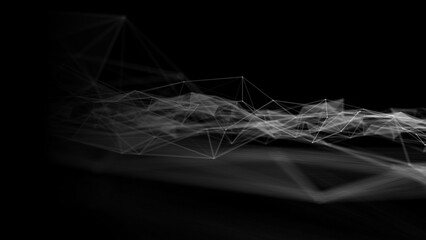 Poster - Wave of digital particles on a black background. Abstract interlacing lines and points. Digital connection of elements. Simulation of the movement of small particles. 3D rendering.