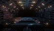 Central laboratory corridor metal grate  with lighting in dark scene 3D rendering sci-fi interior wallpaper backgrounds