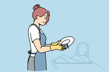 Girl Washes Plates In Gloves Near Sink. Young Woman Is Doing Household Chores In Kitchen. Daily Home Cleaning Routine. Domestic Assistant, Services Staff. Vector Line Art Multicolored Illustration.